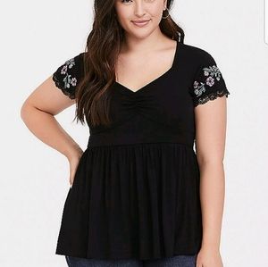 Super soft black embroidered babydoll tee